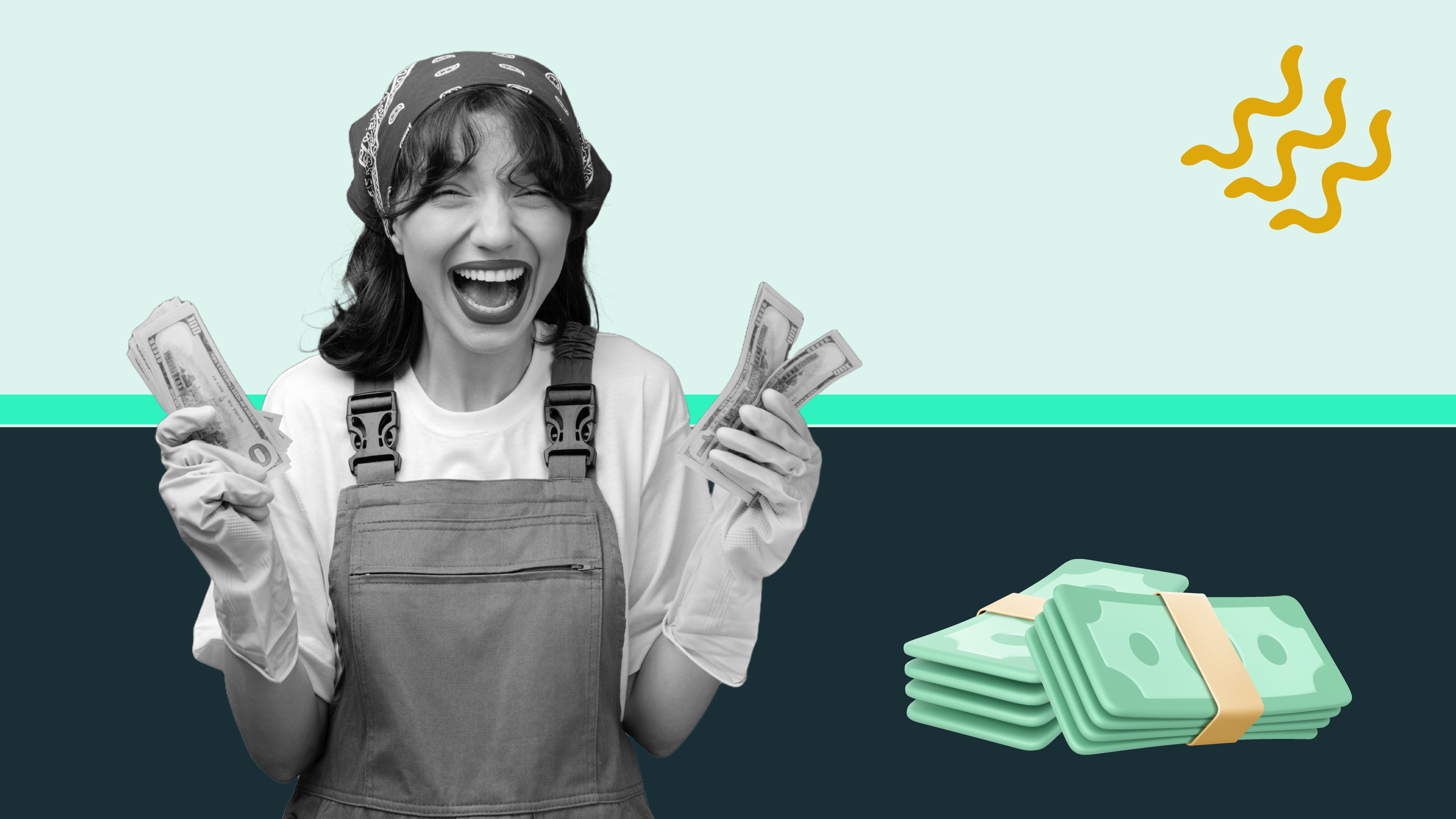 Cleaner with handfuls of cash looking very happy